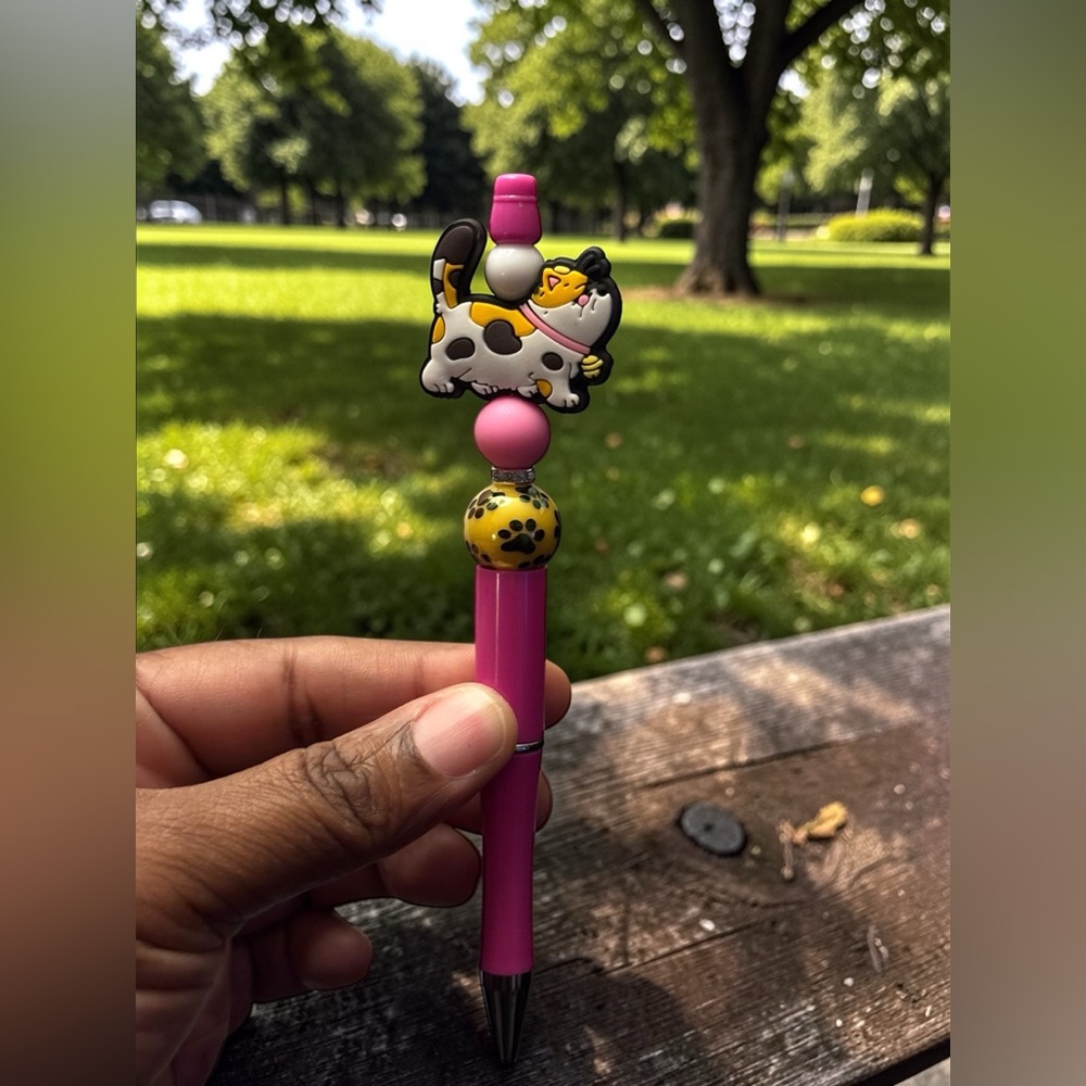 Custom made Yellow & Pink Beaded Cat Pen